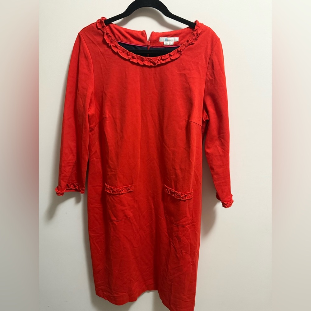 Boden Miranda Red-Orange Ponte Knit Ruffle Trim Dress 3/4 Sleeve Size - 14L